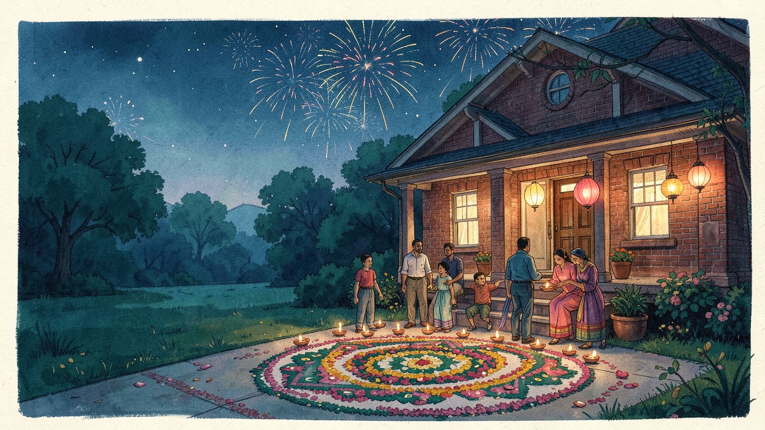 Painted illustration of a family lighting small clay diyas on the steps of a brick house at night, with a large flower-petal rangoli on the driveway, glowing paper lanterns on the porch and fireworks above the trees.