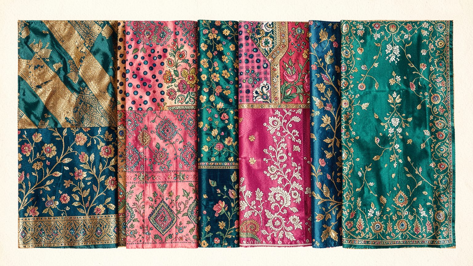 A patchwork of Indian textiles: Kanjeevaram silk, Bandhani, Phulkari, Ikat, Kalamkari and Chikankari